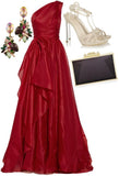 Glamorous A line One Shoulder Sleeveless Red Organza Long Evening Party Gowns Evening Special Formal Dresses Prom Dress HZ1121