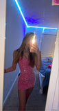 Pretty Sheath Spaghetti Straps Pink Sequin Formal Homecoming Dresses Short 16th Birthday Outfits Graduation Dress Mini Cocktail Dresses HZ1121