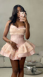 Unique Ball Gown Sweetheart Pink Satin Lace Short Formal 8th Grade Homecoming Dresses Middle School Cocktail Dress Hoco Outfits Inspo HZ1121