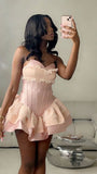 Unique Ball Gown Sweetheart Pink Satin Lace Short Formal 8th Grade Homecoming Dresses Middle School Cocktail Dress Hoco Outfits Inspo HZ1121