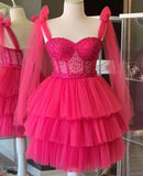 Modest Ball Gown Straps Hot Pink Tulle Formal Homecoming Dresses 8th Grad Dance Graduation Dress Short Hoco Dresses HZ1121