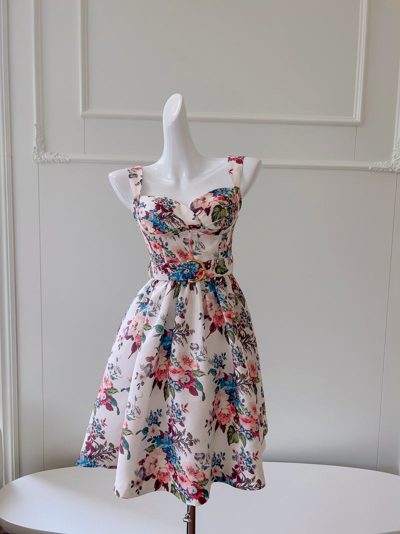 Cute A line Spaghetti Straps Floral Satin Short Homecoming Dress Summe – cfgqzc