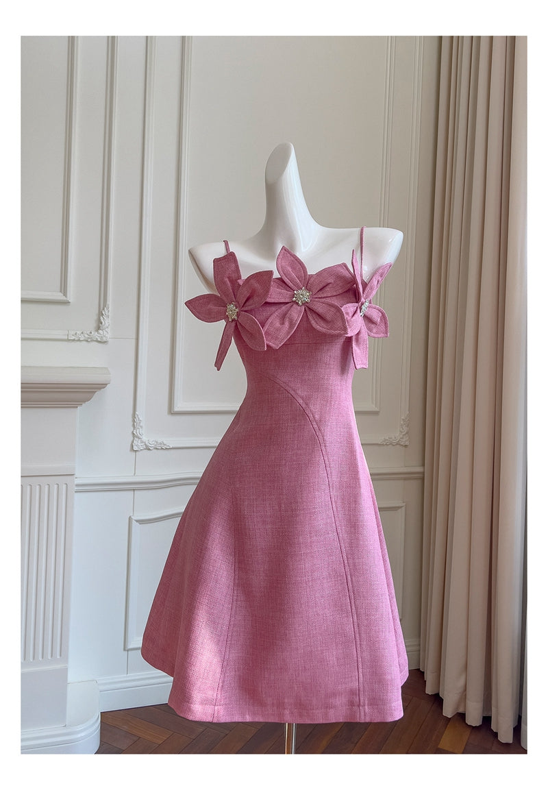 Cute A line Spaghetti Straps Floral Satin Short Pink Homecoming Dress – cfgqzc