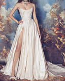 Romantic Bridal Dress A line Sweetheart Satin White Slit Wedding Dresses Minimalist Bridal Gowns HZ1121