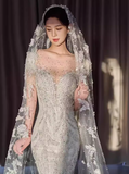 Romantic Bridal Gown Mermaid Scoop Sequin White Wedding Dresses Minimalist Bridal Gowns HZ1121