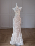 Retro Wedding Dress Mermaid Halter Sequin Long White Wedding Dresses Bridal Gowns HZ1121