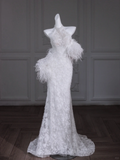 Unique Wedding Dress Mermaid High Neck Lace Long White Wedding Dresses Bridal Gowns With Feathers HZ1121