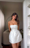 Simple A line Strapless White Satin Homecoming Dress Summer Hoco Dresses Cocktail Dress HZ1121