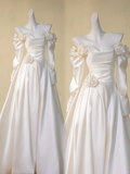 Romantic Bridal Gown Ball Gown Off The Shoulder Long Sleeves Satin Wedding Dresses Minimalist Bridal Gowns HZ1121