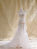 Rustic Wedding Dress Mermaid High Neck White Lace Tulle Long Wedding Dresses Bridal Gowns HZ1121