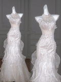 Rustic Wedding Dress Mermaid High Neck White Lace Tulle Long Wedding Dresses Bridal Gowns HZ1121