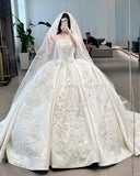 Elegant White Bridal Dress Strapless Ball Gown Satin Applique Wedding Dress Modest Bridal Gown HZ1121