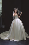 Glamour Spaghetti Strap White Wedding Dress Simple Ball Gown Satin Modest Bridal Gowns HZ1121