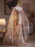 Glam Strapless Mermaid Tulle Long Prom Dresses, Floral Formal Evening Dresses HZ1121