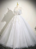 Cute V neck A-Line Tulle Long Prom Dresses, White Sweet 16 Dresses HZ1121
