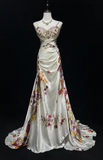 Vintage Spaghetti Strap Sheath Long Prom Dresses Floral Satin Sleeveless Evening Dress Sequin Champagne Formal Dresses HZ1121