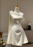 Fairy One-Shoulder Sheath Short Prom Dress Satin White Birthday Dress Sleeveless Homecoming Dresses HZ1121