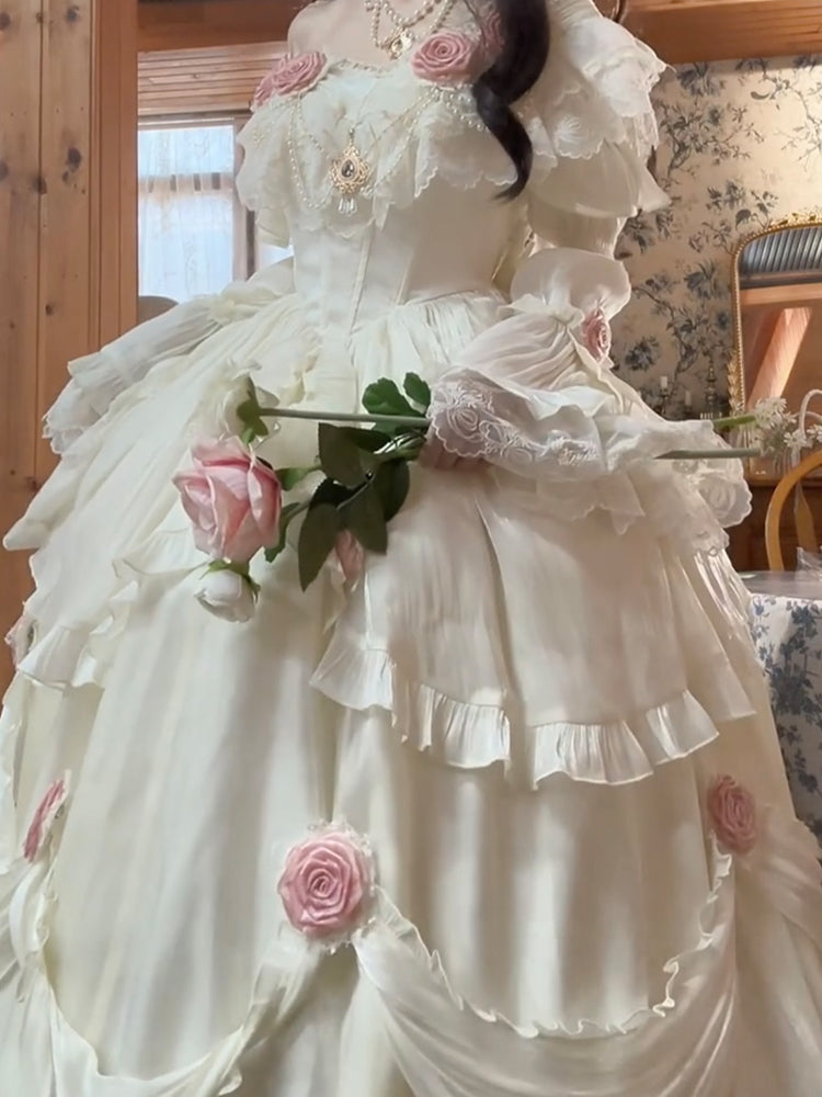 Retro Ball Gown Off The Shoulder Short Sleeves White Rose Floral 16th – cfgqzc