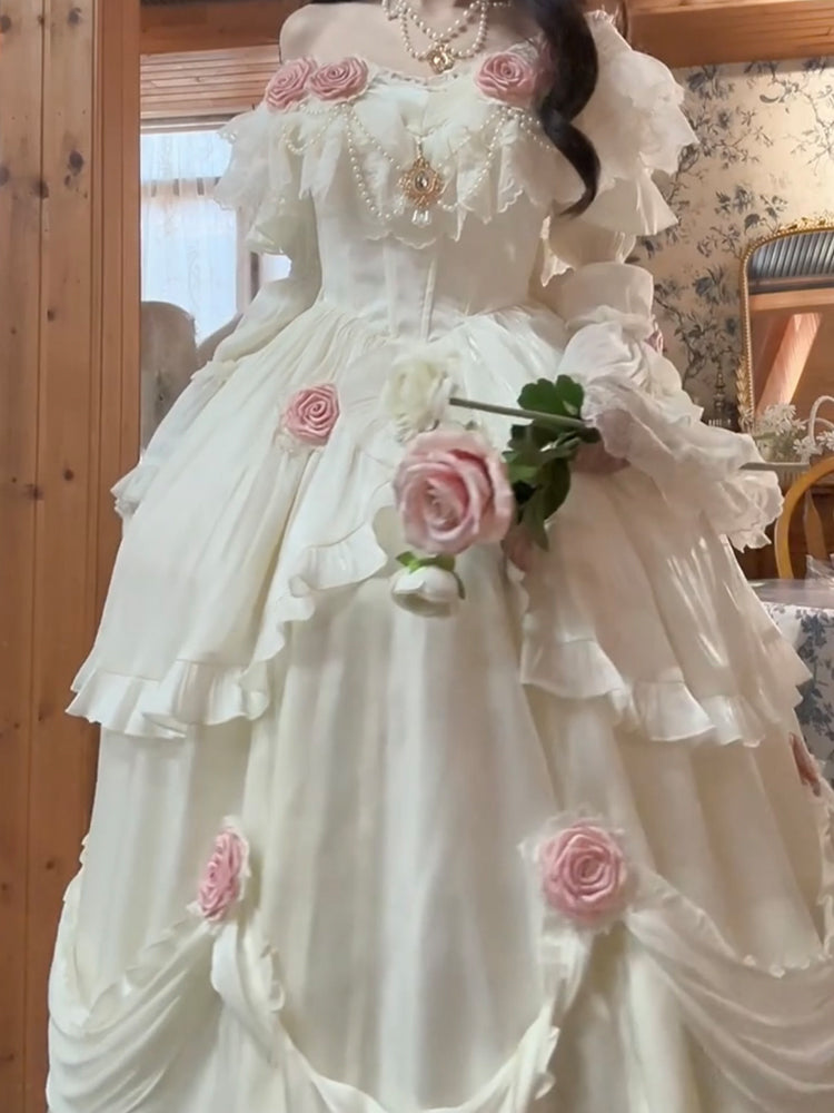 Retro Ball Gown Off The Shoulder Short Sleeves White Rose Floral 16th – cfgqzc