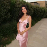 Sexy Sheath Straps Pink Satin Long Birthday Dress Birthday Outfits Graduation Dresses HZ1121