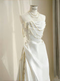 Simple Bridal Gown Sheath Strapless White Satin Floor Length Wedding Dresses Minimalist Bridal Gowns HZ1121