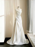 Simple Bridal Gown Sheath Strapless White Satin Floor Length Wedding Dresses Minimalist Bridal Gowns HZ1121