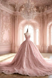 Unique Ball Gown Sweetheart Pink Lace Long Quinceanera Dresses Sweet 16 Dress Formal Vestido De 15 Anos HZ1121