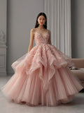 Unique Ball Gown Spaghetti Straps Pink Flowers Long Quinceanera Dresses Sweet 16 Dress Formal Vestido De 15 Anos HZ1121