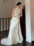 Vintage Wedding Dress A line High Neck White Satin Summer Long Wedding Dresses Bridal Gowns HZ1121