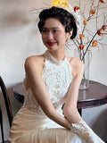 Vintage Wedding Dress A line High Neck White Satin Summer Long Wedding Dresses Bridal Gowns HZ1121