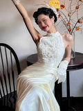Vintage Wedding Dress A line High Neck White Satin Summer Long Wedding Dresses Bridal Gowns HZ1121