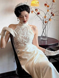 Vintage Wedding Dress A line High Neck White Satin Summer Long Wedding Dresses Bridal Gowns HZ1121