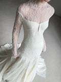 Vintage Wedding Dress Mermaid High Neck Long Sleeves White Lace Summer Long Wedding Dresses Bridal Gowns HZ1121