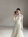 Vintage Wedding Dress Mermaid High Neck Long Sleeves White Lace Summer Long Wedding Dresses Bridal Gowns HZ1121