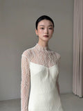 Vintage Wedding Dress Mermaid High Neck Long Sleeves White Lace Summer Long Wedding Dresses Bridal Gowns HZ1121