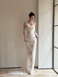 Vintage Wedding Dress Mermaid Irregular Neck White Lace Summer Long Wedding Dresses Bridal Gowns HZ1121