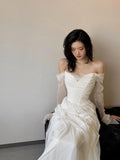 Vintage Wedding Dress Sheath Tulle White Summer Beach Long Sleeves Wedding Dresses Bridal Gowns HZ1121