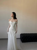 Vintage Wedding Dress Sheath Tulle White Summer Beach Long Sleeves Wedding Dresses Bridal Gowns HZ1121