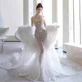 Retro Wedding Dress Mermaid Sweetheart Sequin Long White Wedding Dresses Bridal Gowns HZ1121