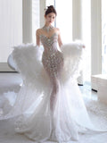 Retro Wedding Dress Mermaid Sweetheart Sequin Long White Wedding Dresses Bridal Gowns HZ1121