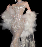 Retro Wedding Dress Mermaid Round Neck Sequin Long White Wedding Dresses Bridal Gowns HZ1121