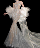 Retro Wedding Dress Mermaid Round Neck Sequin Long White Wedding Dresses Bridal Gowns HZ1121