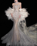 Retro Wedding Dress Mermaid Round Neck Sequin Long White Wedding Dresses Bridal Gowns HZ1121