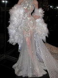 Retro Wedding Dress Mermaid Round Neck Sequin Long White Wedding Dresses Bridal Gowns HZ1121