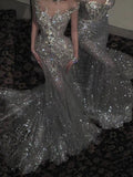 Sexy Wedding Dress Mermaid Round Neck Sequin Long White Wedding Dresses Bridal Gowns HZ1121