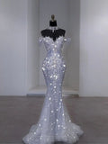 Sparkly Wedding Dress Mermaid Off The Shoulder Sequin Long White Wedding Dresses Brides Dress Bridal Gowns HZ1121