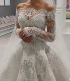 Romantic Bridal Gown Ball Gown Off The Shoulder White Lace Floor Length Wedding Dresses Minimalist Bridal Gowns HZ1121