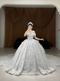 Romantic Bridal Gown Ball Gown Off The Shoulder White Tulle Floor Length Long Sleeves Wedding Dresses Minimalist Bridal Gowns HZ1121