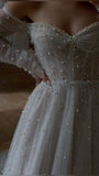 Romantic Bridal Gown Ball Gown Off The Shoulder White Tulle Pearls Floor Length Long Sleeves Wedding Dresses Minimalist Bridal Gowns HZ1121