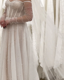 Romantic Bridal Gown Ball Gown Off The Shoulder White Tulle Pearls Floor Length Long Sleeves Wedding Dresses Minimalist Bridal Gowns HZ1121